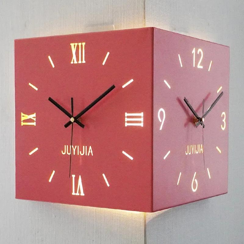 Nordic Wall Clock Lights Corner Double Sided Wall Clocks Square Living Room Clock Roman Minimalist Design Clocks Modern Stylish