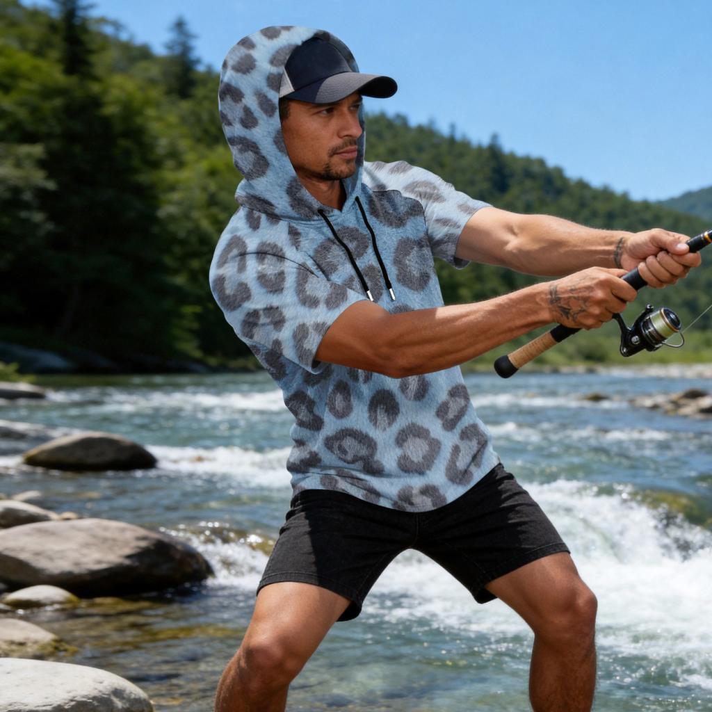 Sudadera con capucha deportiva casual para hombre, manga raglán, manga corta, jersey, tejido ligero y transpirable, adecuada para actividades al aire libre y pesca