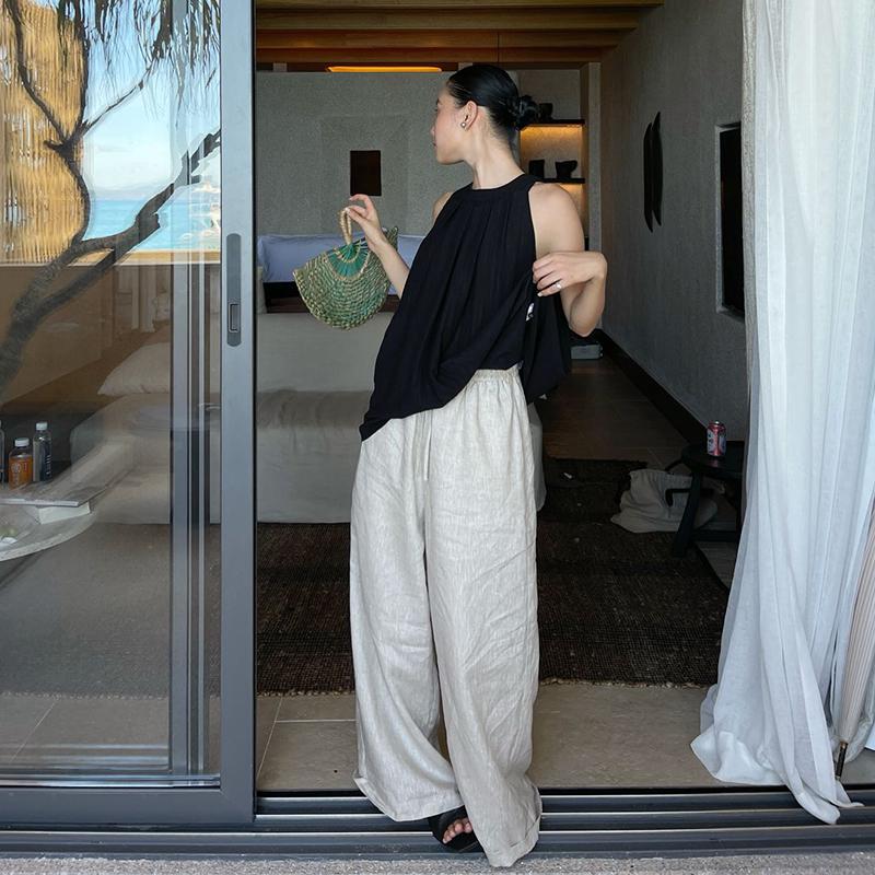 

Niche Solid Color Cooling Linen Wide-Leg Casual Trousers: Slimming, Minimalist, High-End Small
