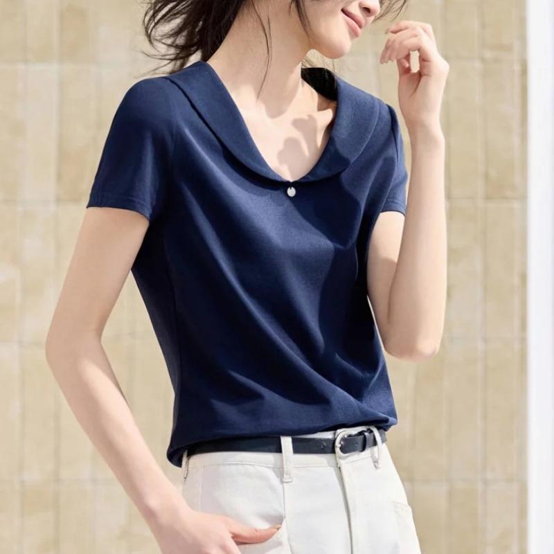 Solid Color Nautical Style V Neck Doll Collar Regular Fit Short Sleeve T Shirt M