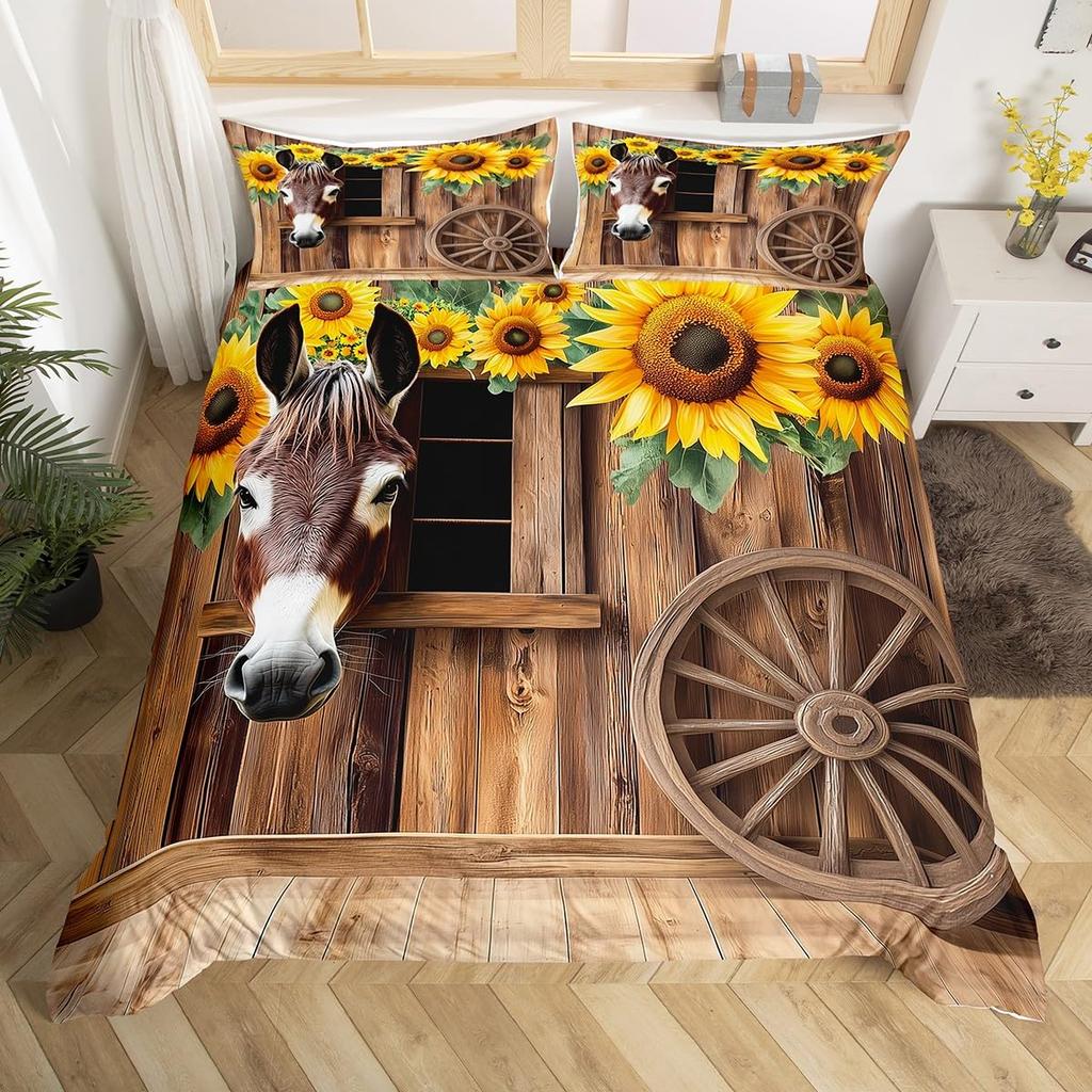 Cute Donkey Duvet Cover Rustic Barn Door Full Bedding Set Farmhouse Decor Farm Animals Comforter Cover Sunflower Flower Bed Set