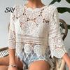 Top de ganchillo boho Cubre tops Ajuste holgado Cuello redondo Manga de tres cuartos Relajado Camisa de verano Tejido calado Playa Bohemio Dobladillo con borlas Ligero