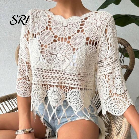 Top de ganchillo boho Cubre tops Ajuste holgado Cuello redondo Manga de tres cuartos Relajado Camisa de verano Tejido calado Playa Bohemio Dobladillo con borlas Ligero