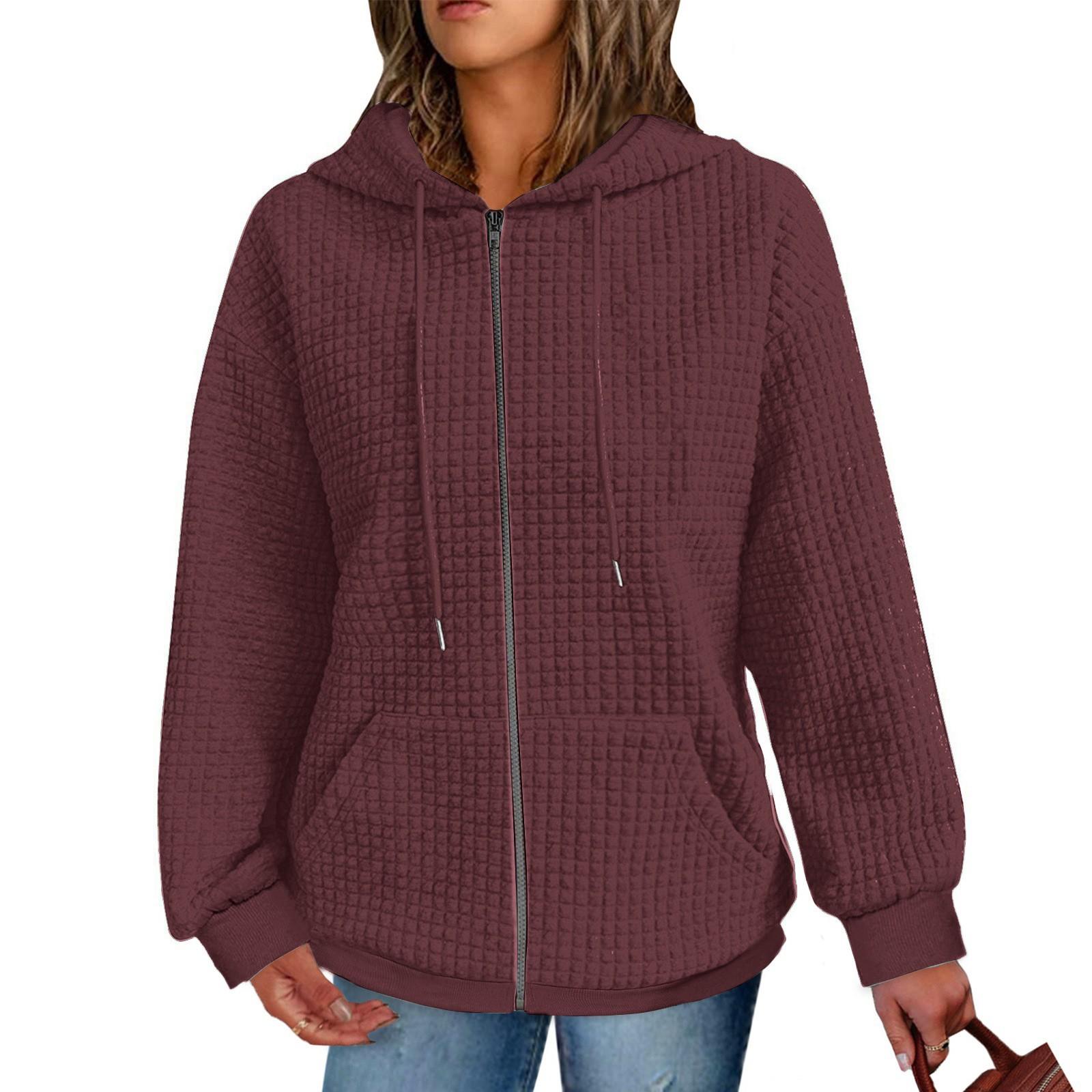 

Женские толстовки, однотонные текстурированные повседневные куртки с карманами и шнурком в стиле попкорна, толстовки, пальто XL винный