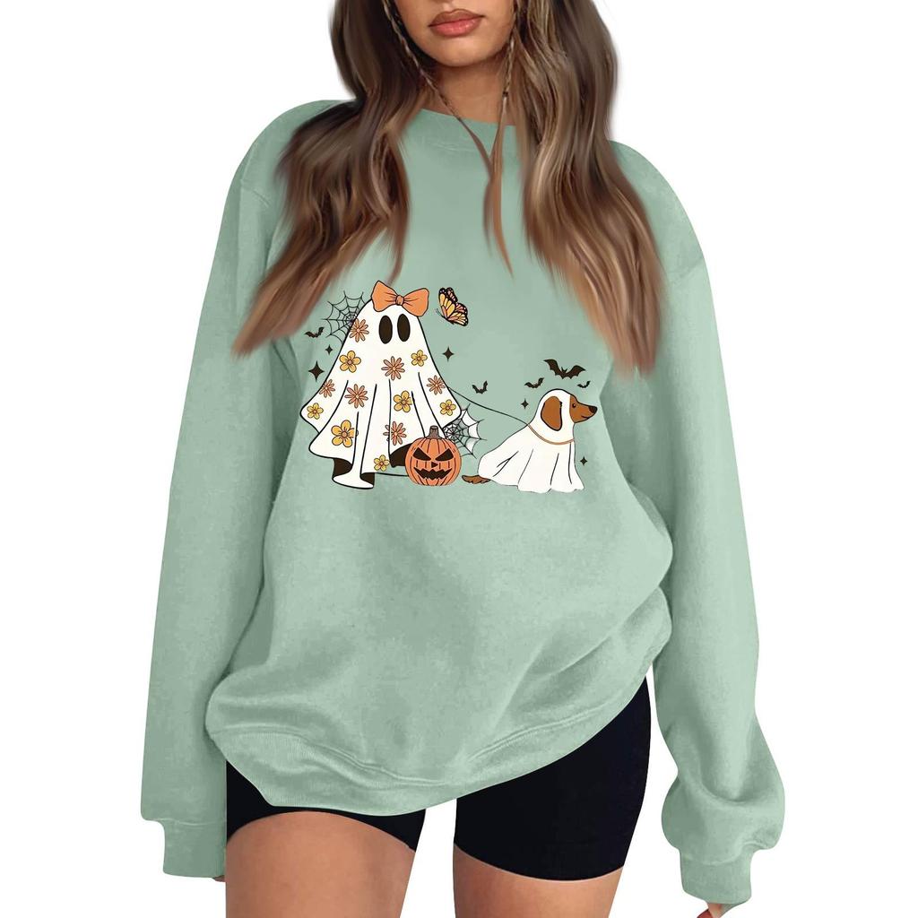 Women's Neck Long Sleeve Loose Fit Casual Sweatshirt Pullover Top with Halloween Print