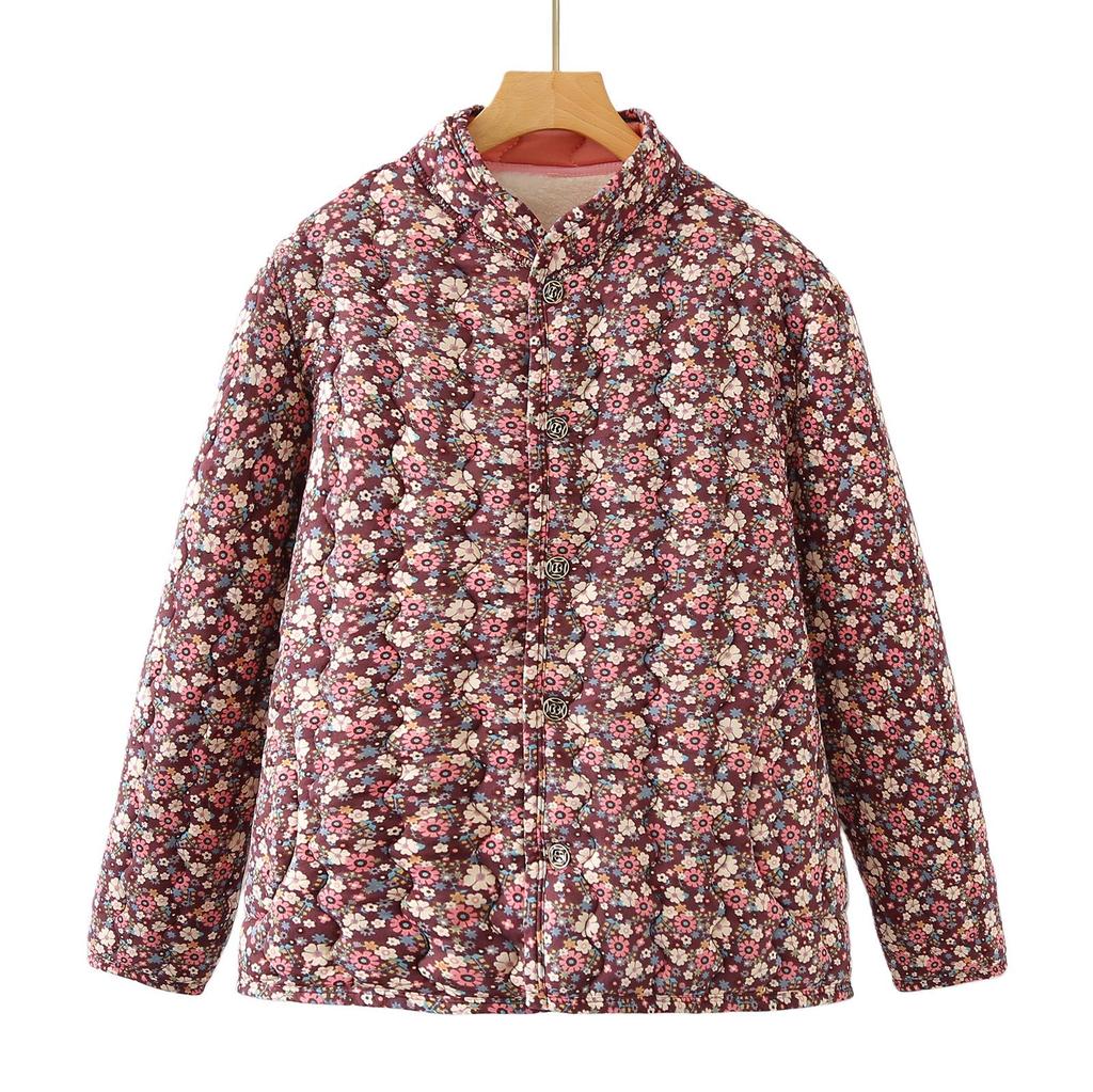 240 Jin Plus Size Velvet-Lined Cotton Jacket for Autumn/Winter - Stand Collar, Loose Fit for Middle-Aged & Elderly Women