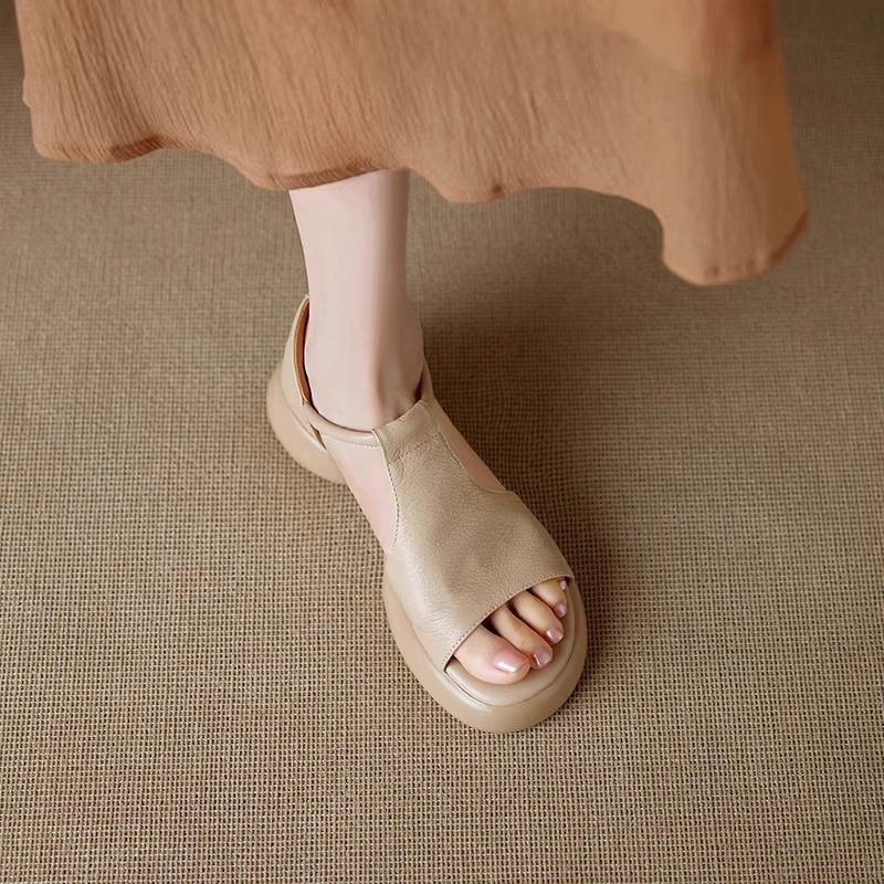 Huge Good-looking Soft Leather Soft-soled Retro Casual Open-toed Sandals Women's Summer Medium Heel Thick-soled Fish Mouth Roman Shoes Are Not Tired