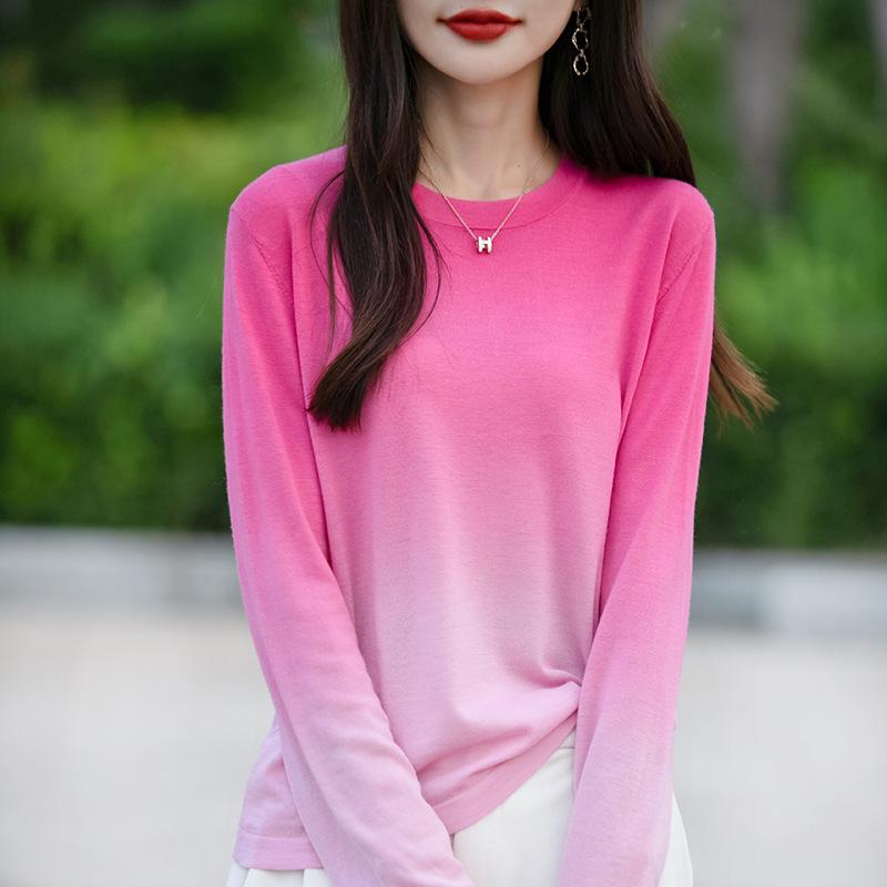 Herbst Dünne Damen Strickwaren Rundhals Farbverlauf Bottoming Shirt
