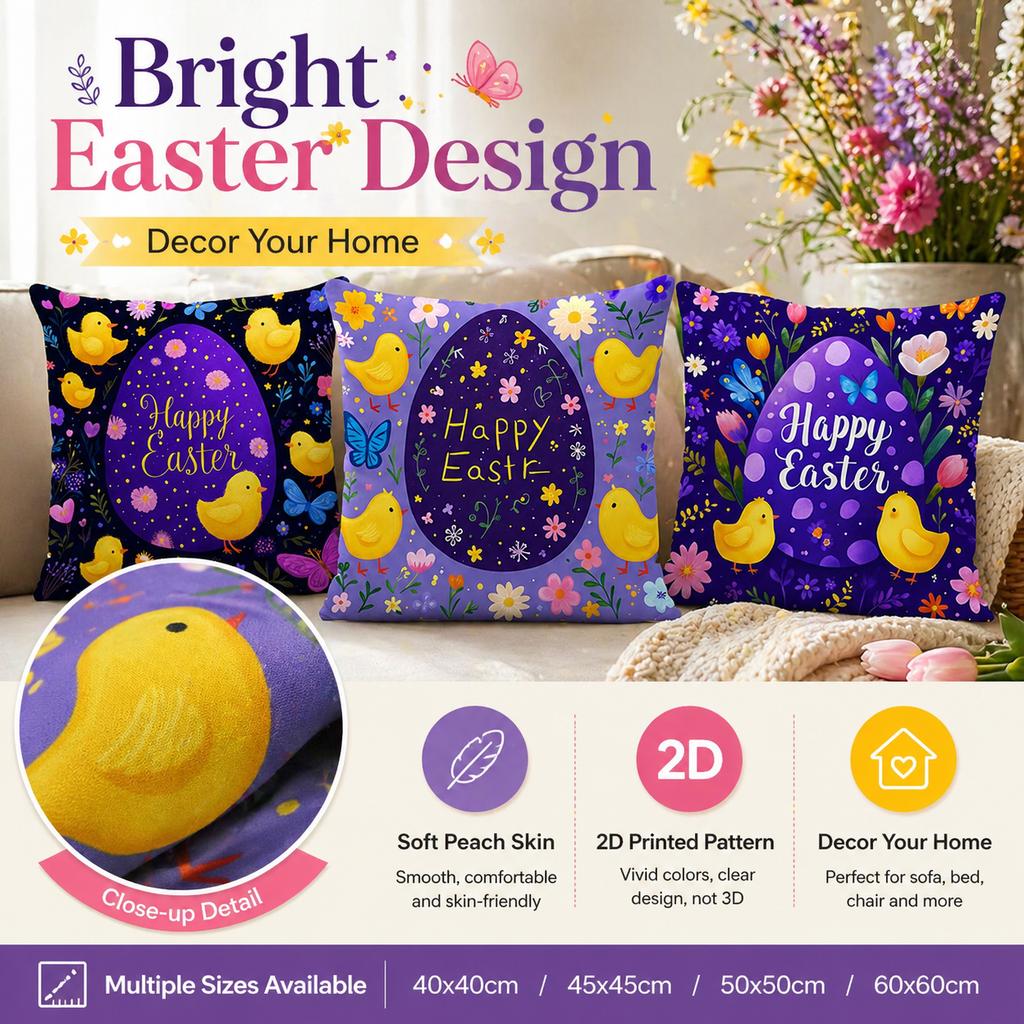 Happy Easter Egg Chick Floral Pillow Cover 2D Printed Peach Skin Cushion Case For Sofa Living Room Spring Decor 45X45