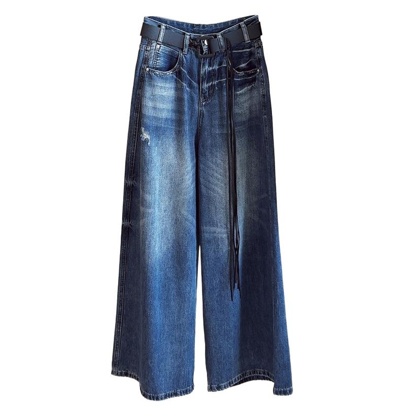 Washed cat whisker straight jeans women's autumn new retro niche wide-leg loose mopping long pants