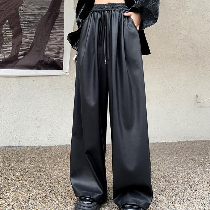 Pantalones de Moda Urbana Negros de Cuero PU de Pierna Ancha para Mujer Sólidos Rectos Sueltos Casuales Pantalones Elegantes de Cintura Alta Ajustados Vintage para Dama 25620