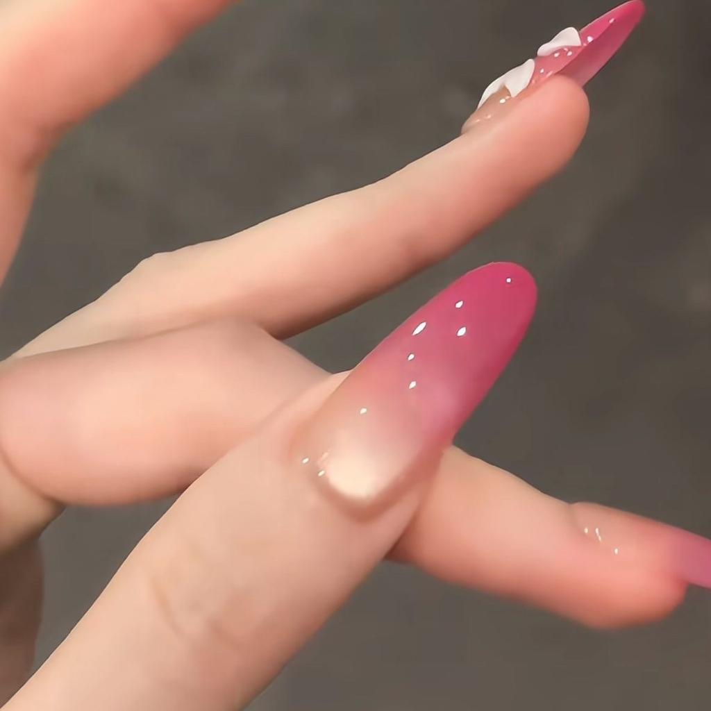 Nude Long Almond Rose Red Cat Eye Wearing Nail Spring and Summer Small Fresh Gradual Change Flower Nail Art Ice Through Advanced Sense