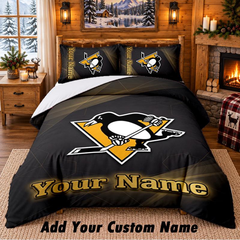 Pittsburgh Penguins Pattern Bedding 3Pcs Set Custom Name, Bed Sheet And Pillowcases For Home Bedroom