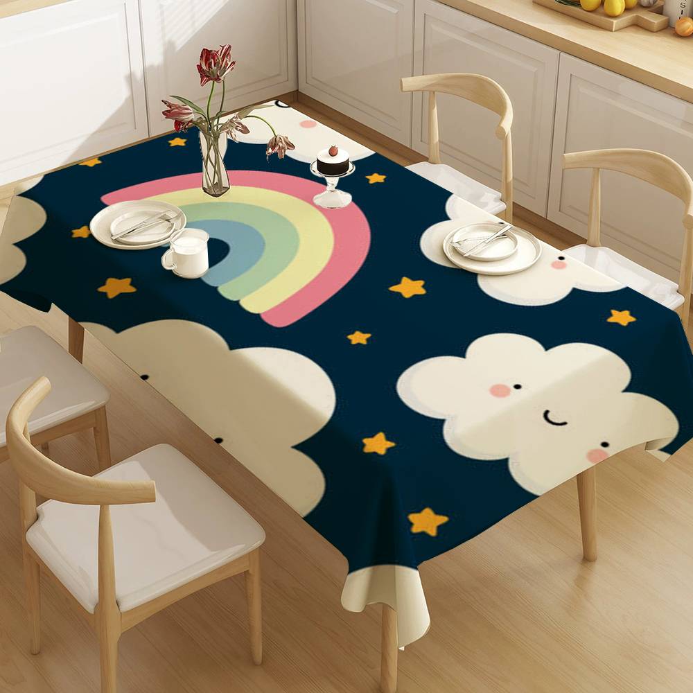 Cloud Rainbow Cartoon Waterproof Rectangle Tablecloth Fiesta Home Decor Dining Room Decor Reusable Table Cover Party Supplies