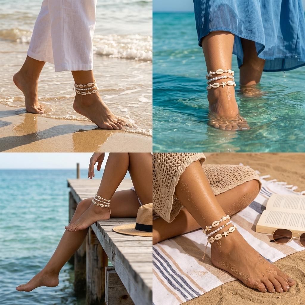 Trendy Boho Layered Anklet Set Shell Starfish Faux Pearl Adjustable Foot Bracelet for Women Beach Vacation Summer Jewelry