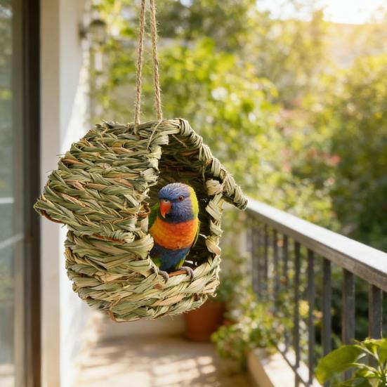 Hand-Woven Hanging Birdhouse Natural Grass Hanging Bird Hut House Shape Bird Shelter for Indoor Outdoor Garden Patio Tree Use