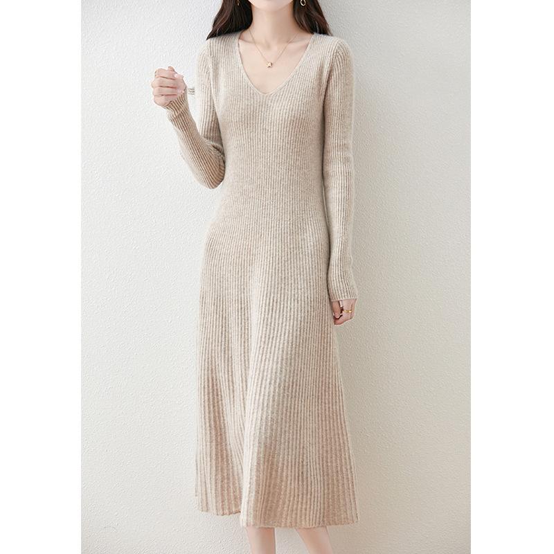 Solid color v-neck medium and long knitted dress for women's autumn and winter new temperament slim and thin over the knee primer sweater skirt