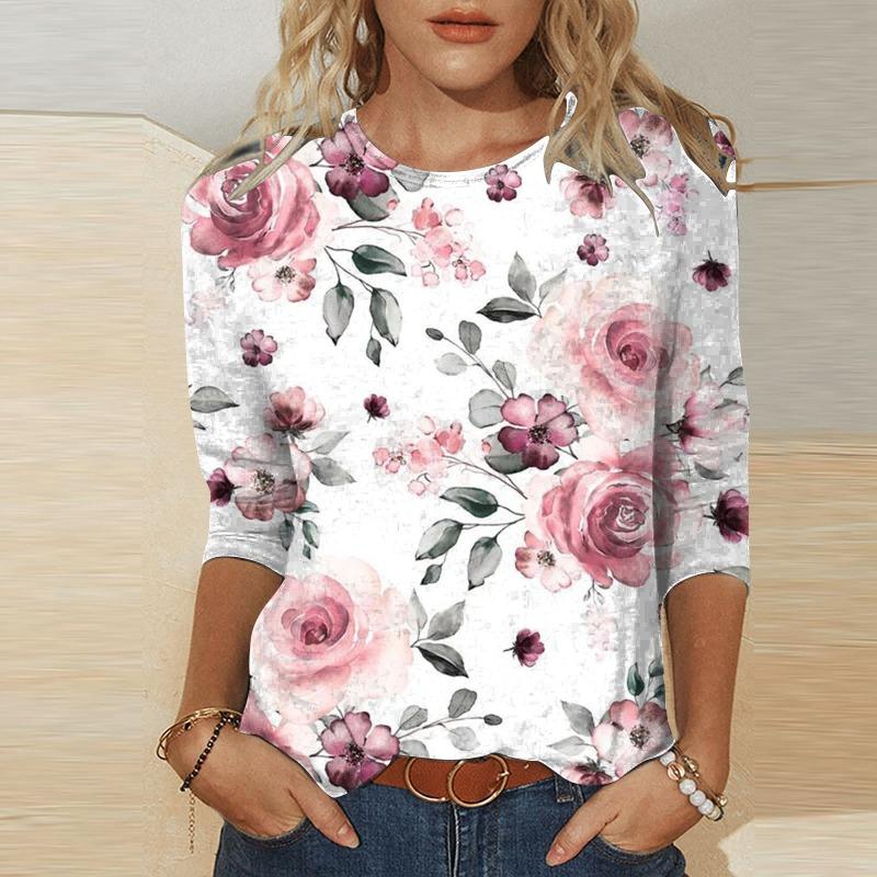 Women s printed round neck T-shirt retro elegant women s top XS