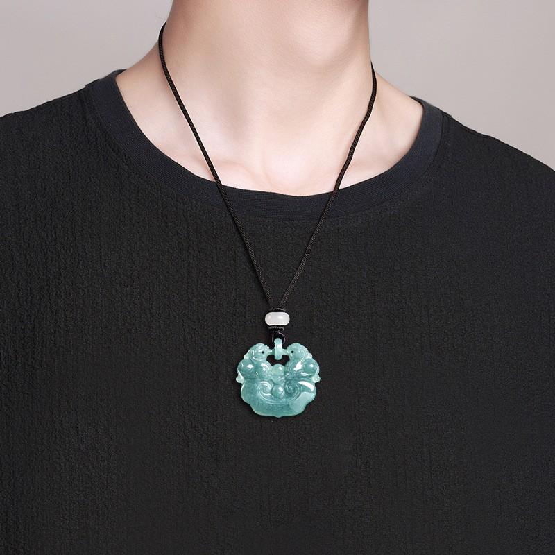 Premium Blue Jade Pixiu Ruyi Pendant Necklace with Leather Tassel