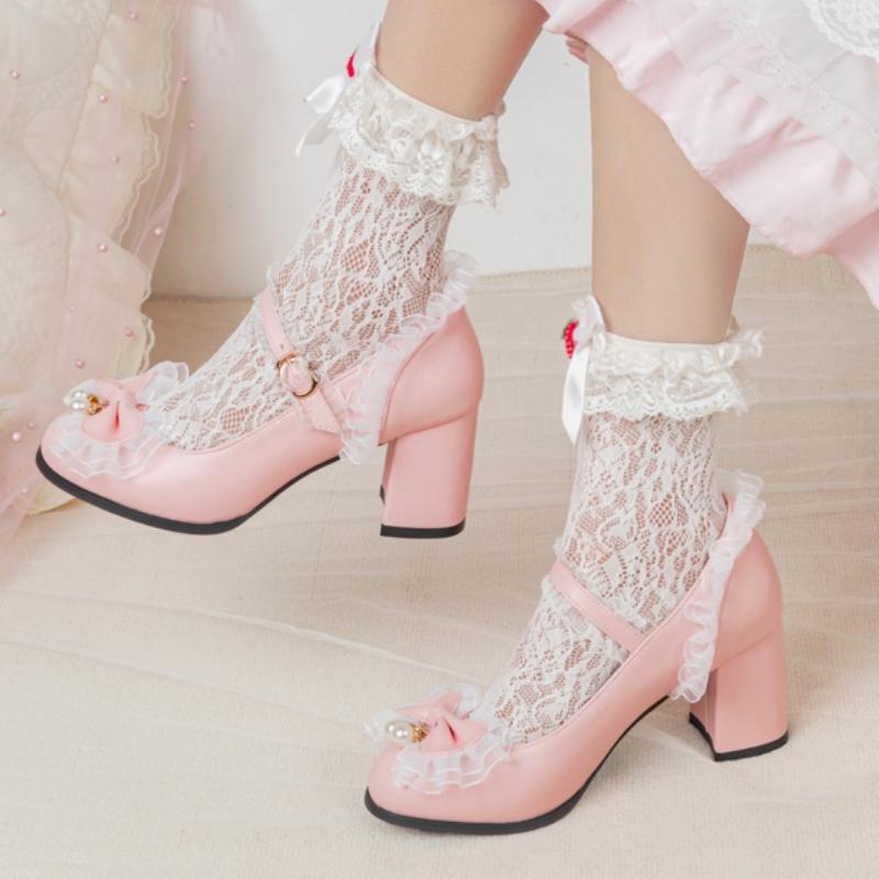 Women's Block Heels Mary Janes Lolitas Shoes 2025 Sweet Pink Black White Heeled Party Wedding Dance Shoes Female Large Size 45
