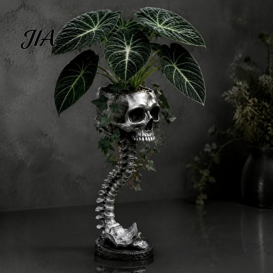 Unique Candy Dish Storage Gothic Skull Spine Planter, Resin Skeleton Planter Pot, Horror Halloween Indoor Outdoor Statue Flower Vase, Spooky
