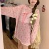 Pink Bow Long Sleeved Ice Silk Sunscreen T-shirt for Women In Summer Plus Size, Medium To Long, Slightly Transparent Cover, Casual Top