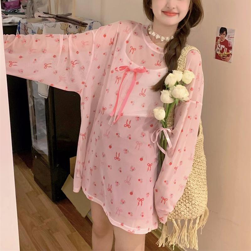 Pink Bow Long Sleeved Ice Silk Sunscreen T-shirt for Women In Summer Plus Size, Medium To Long, Slightly Transparent Cover, Casual Top