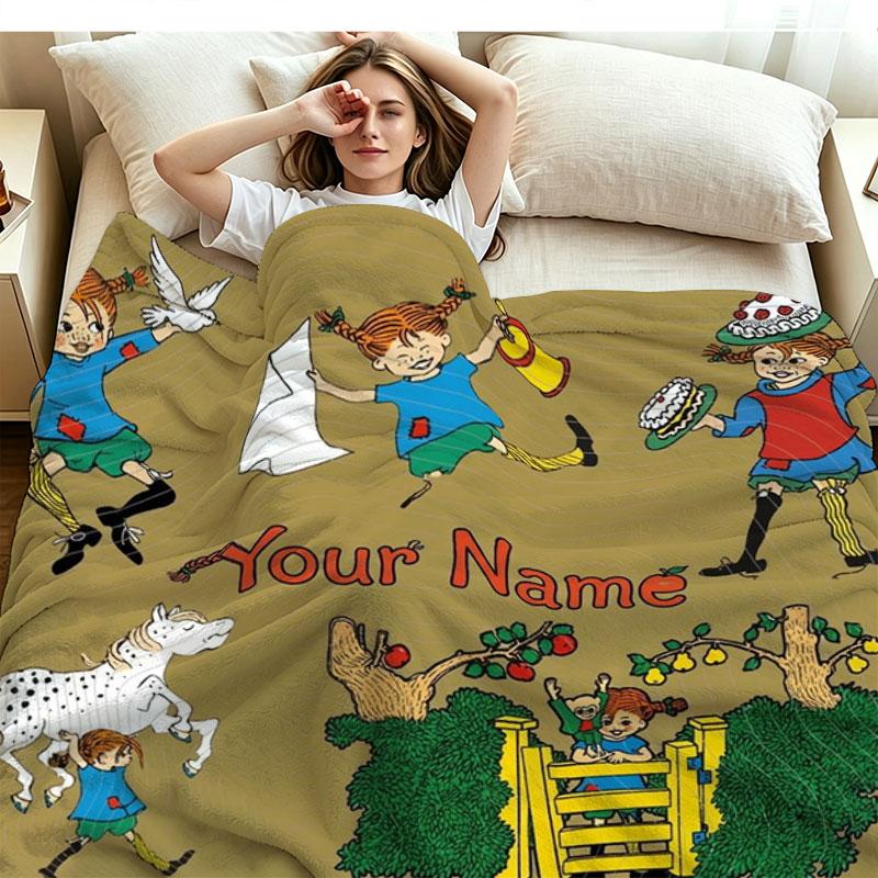 1PC Pippi Longstocking Custom Name Patterned Flannel Blanket Suitable For All Seasons for Home Decor Warmth and Comfort Gifts Holiday Present