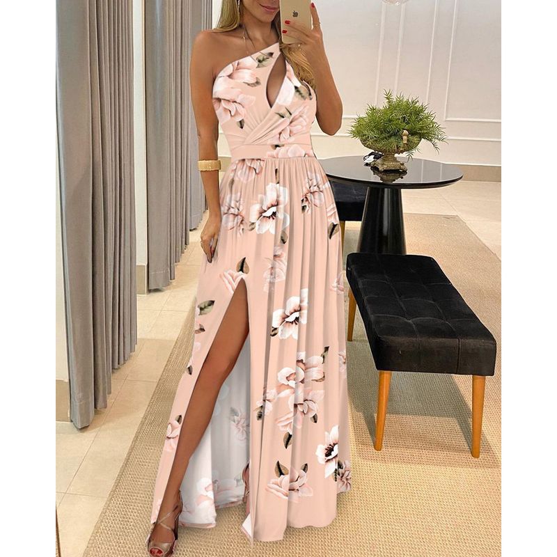 High Waist Split Dress Women's New Slant Shoulder Elegance Sleeveless Sexy High Waist Slit Dress
