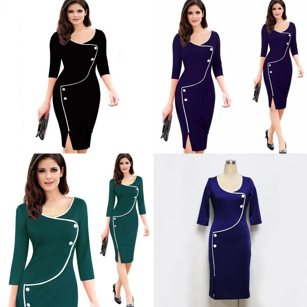 Elegant Womens Vintage Brief Split Bottom Dress With Timeless Deep O-neck Design