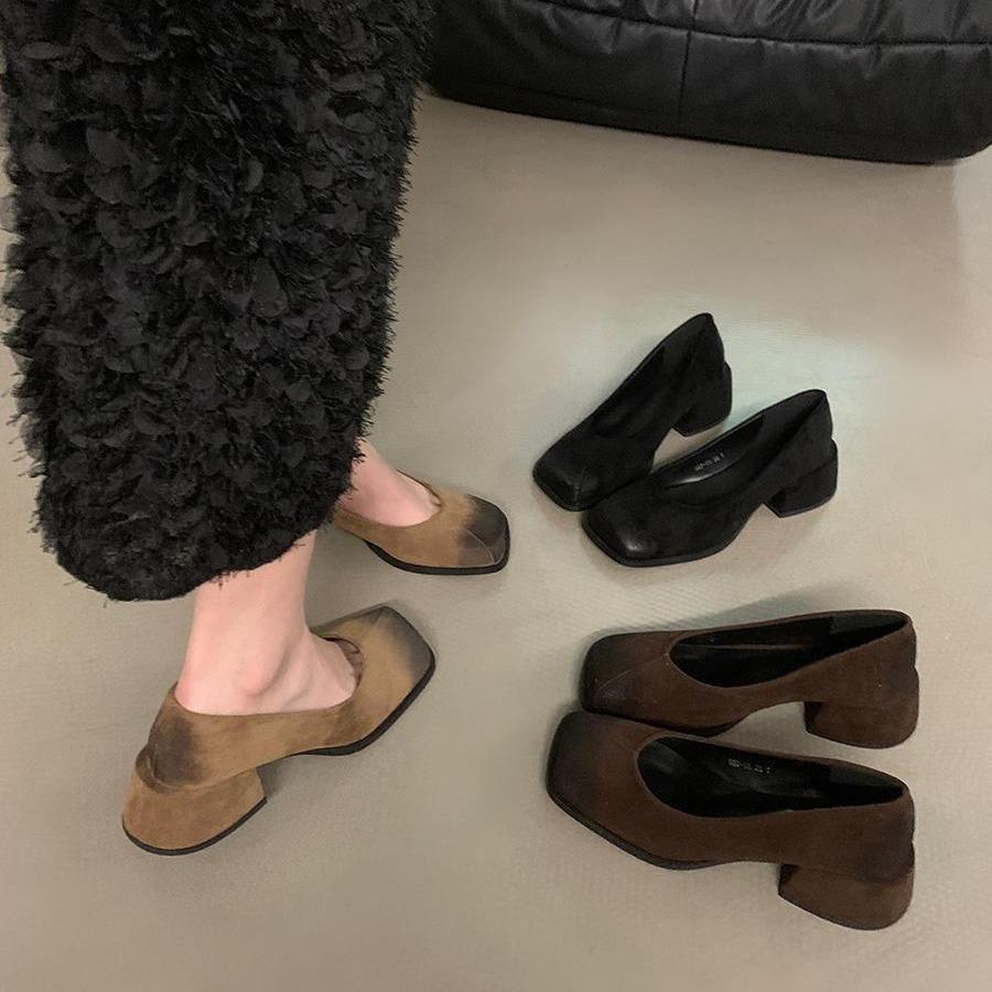 French thick heel black square head temperament single shoes women's shoes 2025 new retro shallow mouth late evening high heels