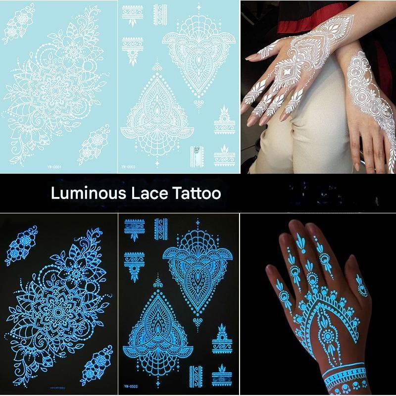 6 Sets Glow In The Dark Lace Temporary Tattoos Waterproof Fake Tattoo for Festival Party Henna Style Arm Leg Decoration