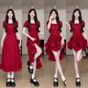 Vier kurzärmelige Kleider in einem Kleid, Taille und dünn, langes Kleid mit Rüschensaum, dünner schwarz-tomatenroter Rock, für den Arbeitsweg