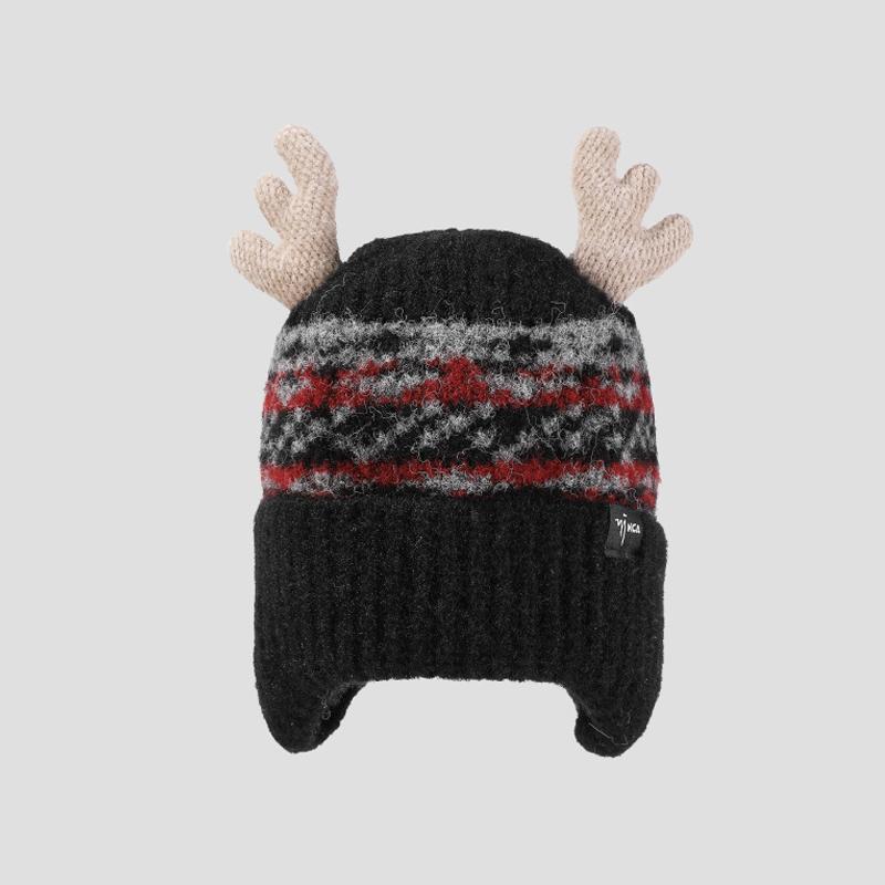 Christmas Antler Knitted Hat Women's Autumn Winter Warm Wool Hat Velvet Ear Protection Cap