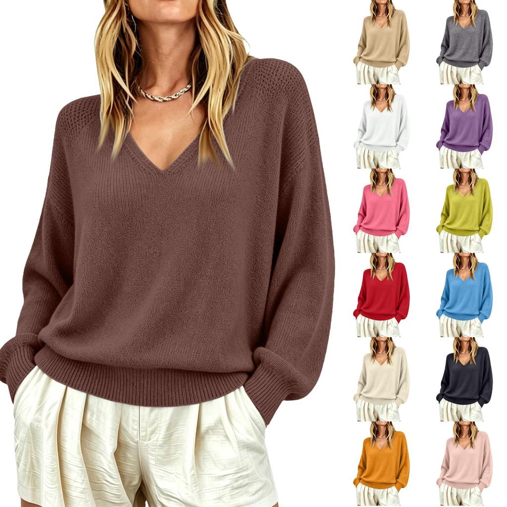 Women's Casual Long Sleeve V-Neck Knit Sweater