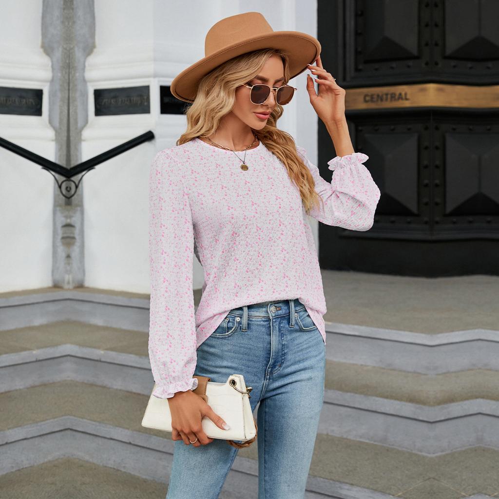 GMXIA Women's Fashion Autumn Winter Casual Solid Color Print Long Sleeve O Neck Blouses & Shirts