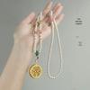 Retro Five Blessings Imitation Pearl Necklace with Cloisonné Pendant - Chinese Style Long Beaded Accessory