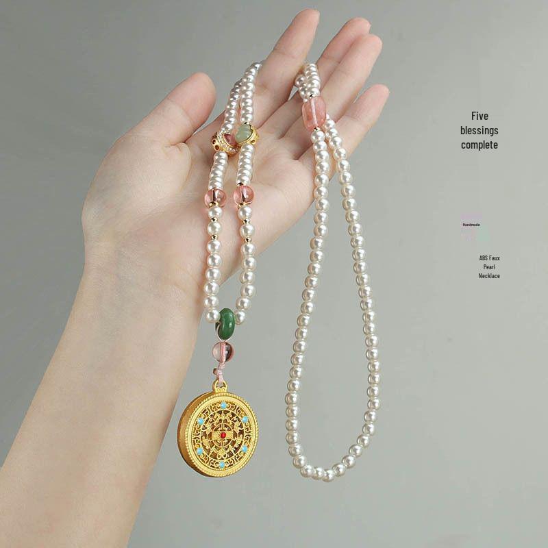 Retro Five Blessings Imitation Pearl Necklace with Cloisonné Pendant - Chinese Style Long Beaded Accessory