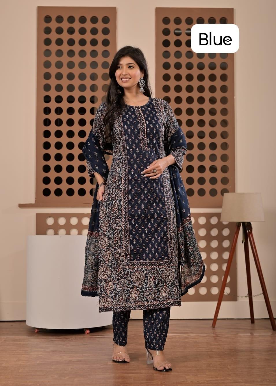 Heavy Cotton Women s Kurti Pant Dupatta Set Indian Designer Top Tunic Kurta Set