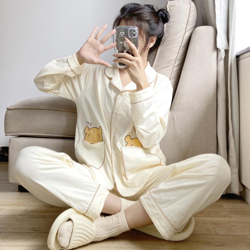 Cartoon Women's Pajamas Casual Lapel Long Sleeves and Trousers Two-piece Set New Home Wear Silk Pajamas for Women