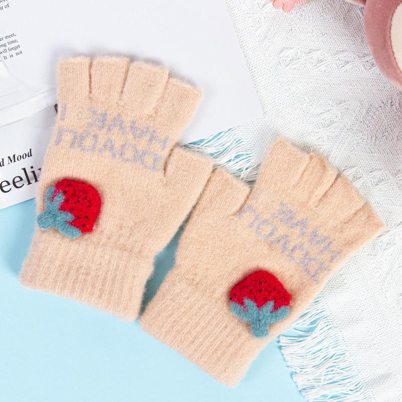 New half-finger gloves women's winter strawberry fleece thickened fashion open finger cold warm knitted plush gloves