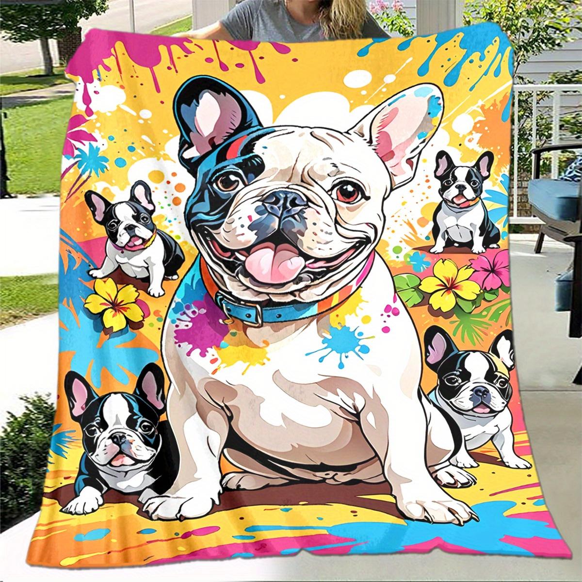 

French Bulldog pattern fleece blanket suitable for sofas beds offices camping a seasonal gift for all seasons, in bright colors 75x90cm