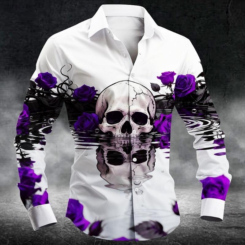 New Men's 3D Skull Print Button Up Shirt Long Sleeved Deep Punk Gothic Flower Style Outdoor Holiday Collar Shirt Top