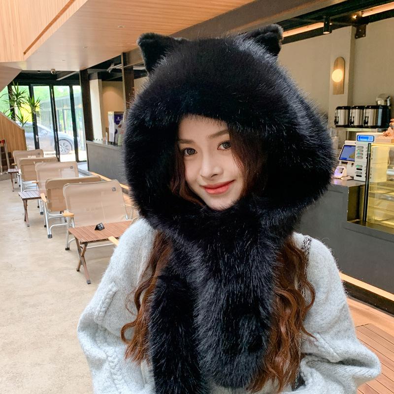 Plüschige warme Bärenmütze, Schal, einteiliges Set, winddichte Fahrradmütze mit Gehörschutz, verdickt und vielseitig im Winter