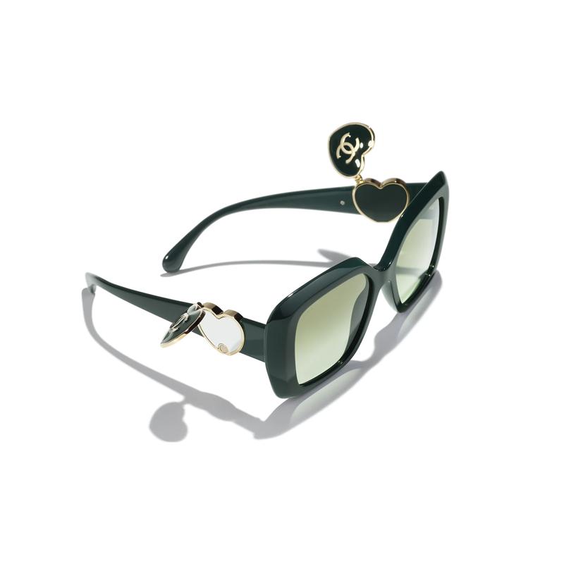 CHANEL Logo temples, acetate fiber, square sunglasses, same style for men and women, green