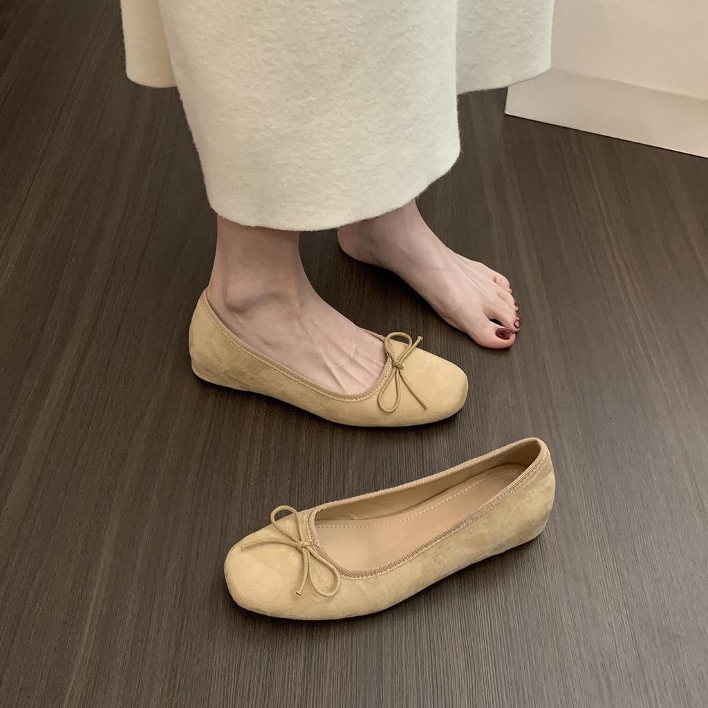 French Inner Heightening Suede Ballet Shoes 2025 New Bow Red Evening Shoes