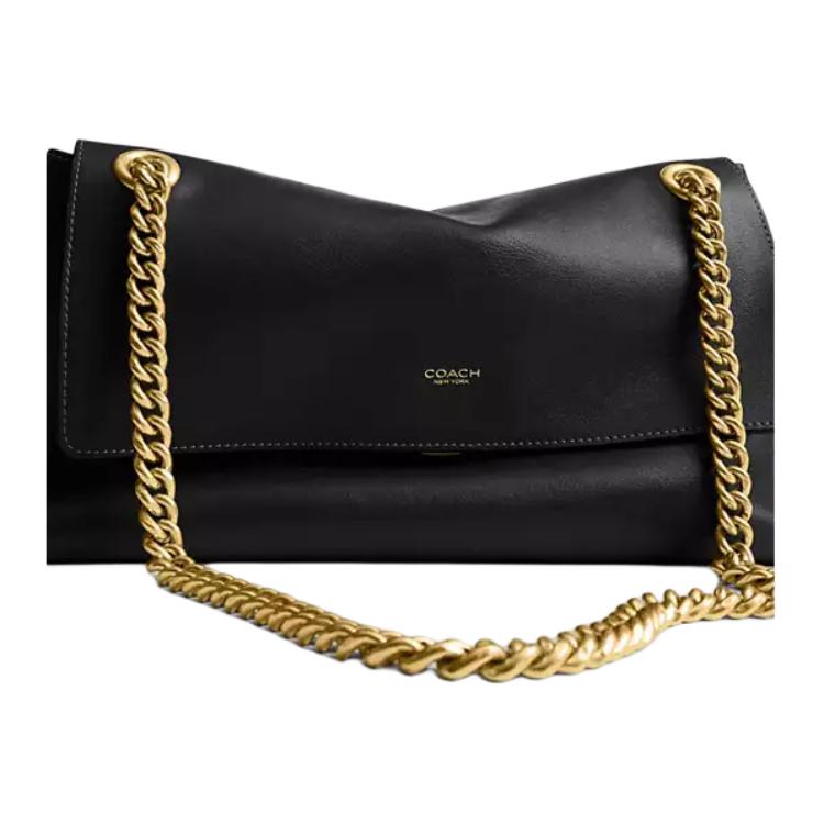 Coach Black Smooth Leather Flap Shoulder Bag with Gold Chain & Hardware for Daily Use