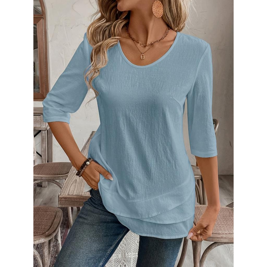 Ladies' Detail V-neck Patch Splicing Design Solid Color Shirt