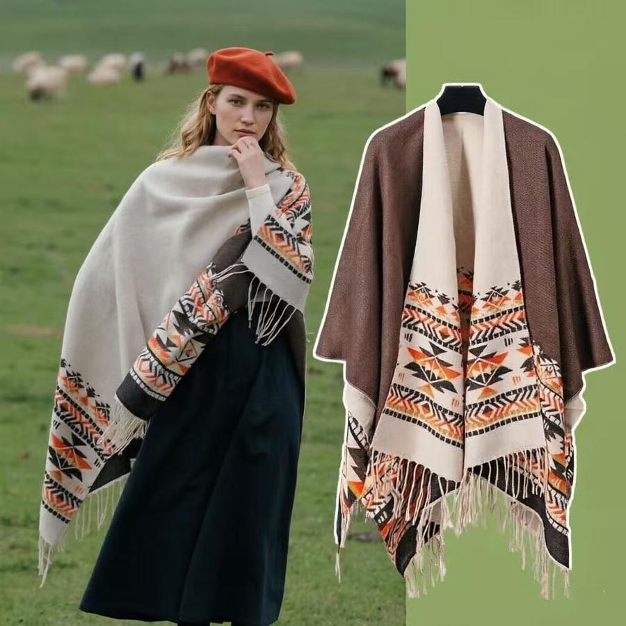 New Colorful Ethnic Style Shawl for Women, Tassels Fringe Thick Warm Cape for Travel Outdoor Outfit Accessory