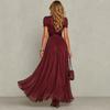 Vestido Largo de Gasa con Cuello Alto y Ribete de Encaje para Mujer, Mangas Cortas Abullonadas, Abertura Frontal, Cintura Plisada, Dobladillo Fluido, Elegante Vestido Largo